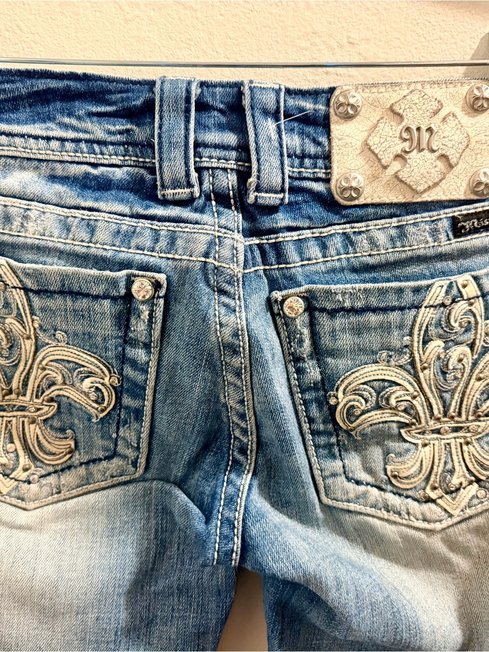 Miss Me Blue Washed Fleur de Lis Embroidered Back Pocket Jeans